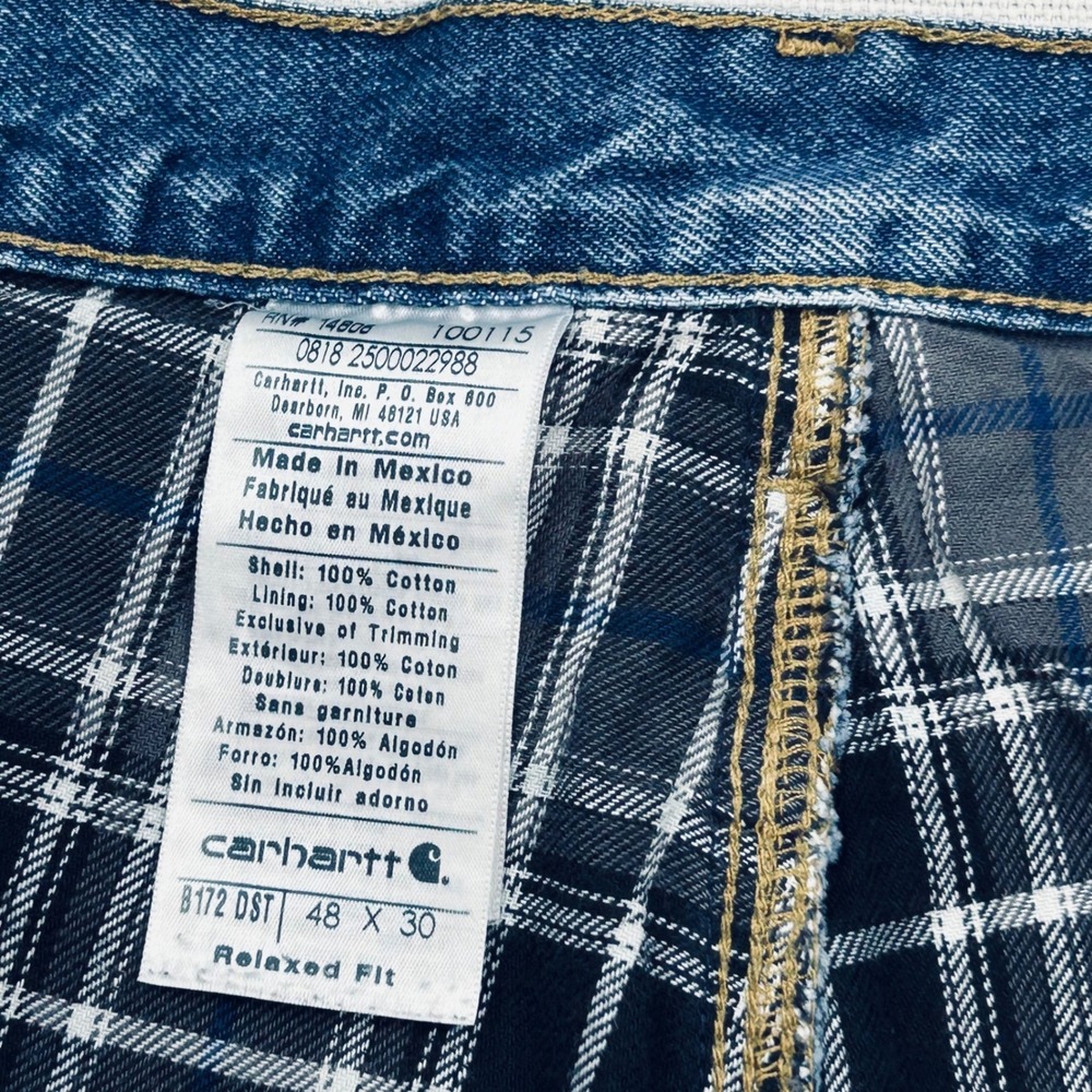 Carhartt Relaxed Fit Jeans Mens 48x30 Plaid Lined Waist Denim Workwear Utility - Picture 6 of 10